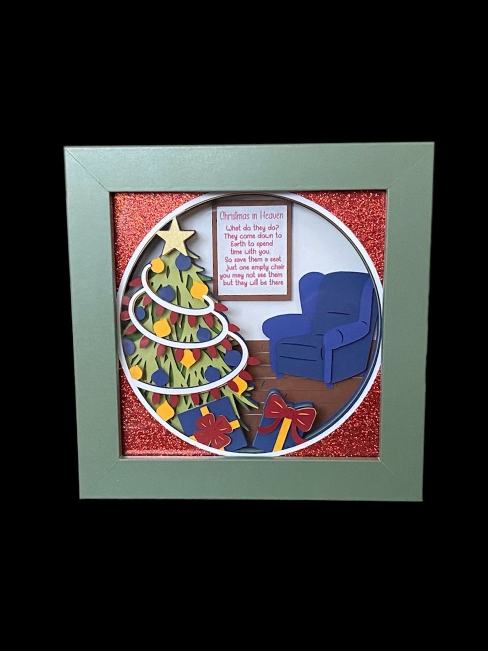 Handcrafted Christmas Shadow Box Art - Green Frame